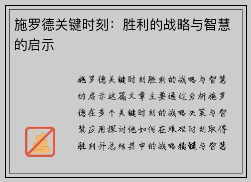 施罗德关键时刻：胜利的战略与智慧的启示